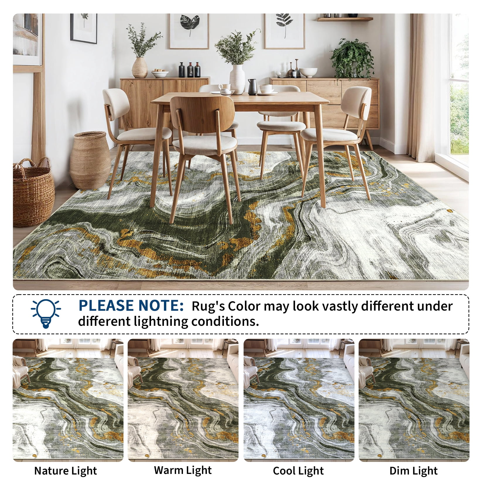 HOMERRY Large Washable Abstract 10' x 13' Area Rug for Living Room Non-Slip Indoor Carpet, Green