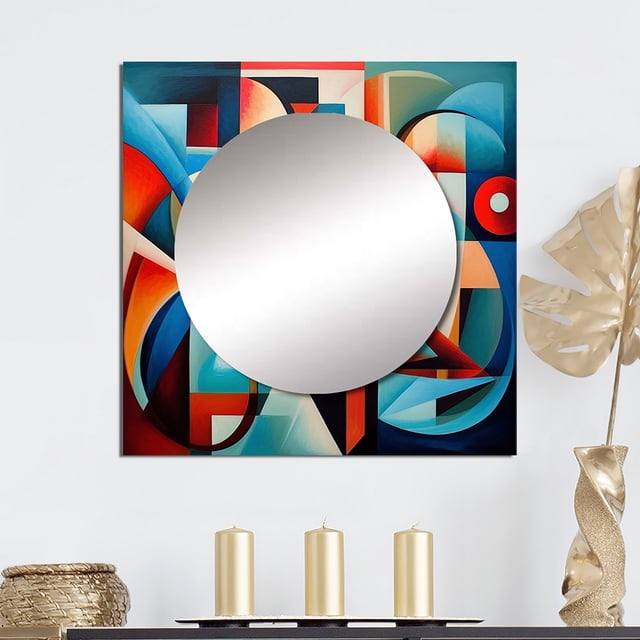 Designart "Unleashed Geometry in Orange and Blue III" Abstract Shapes Orange Large Square Mirror - Square Bedroom Mirror Printed Wall Decor - Transitional Square Printed Wall Mirror Art