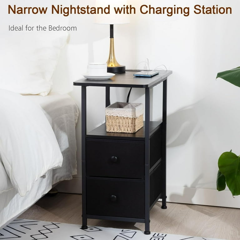 Narrow Nightstand with Charging Station Slim End Side Table with USB Ports and Outlets Bedside Table with 2 Fabric Drawers for Bedroom Living Room Small Space Black HETN012BK 1 Walmart