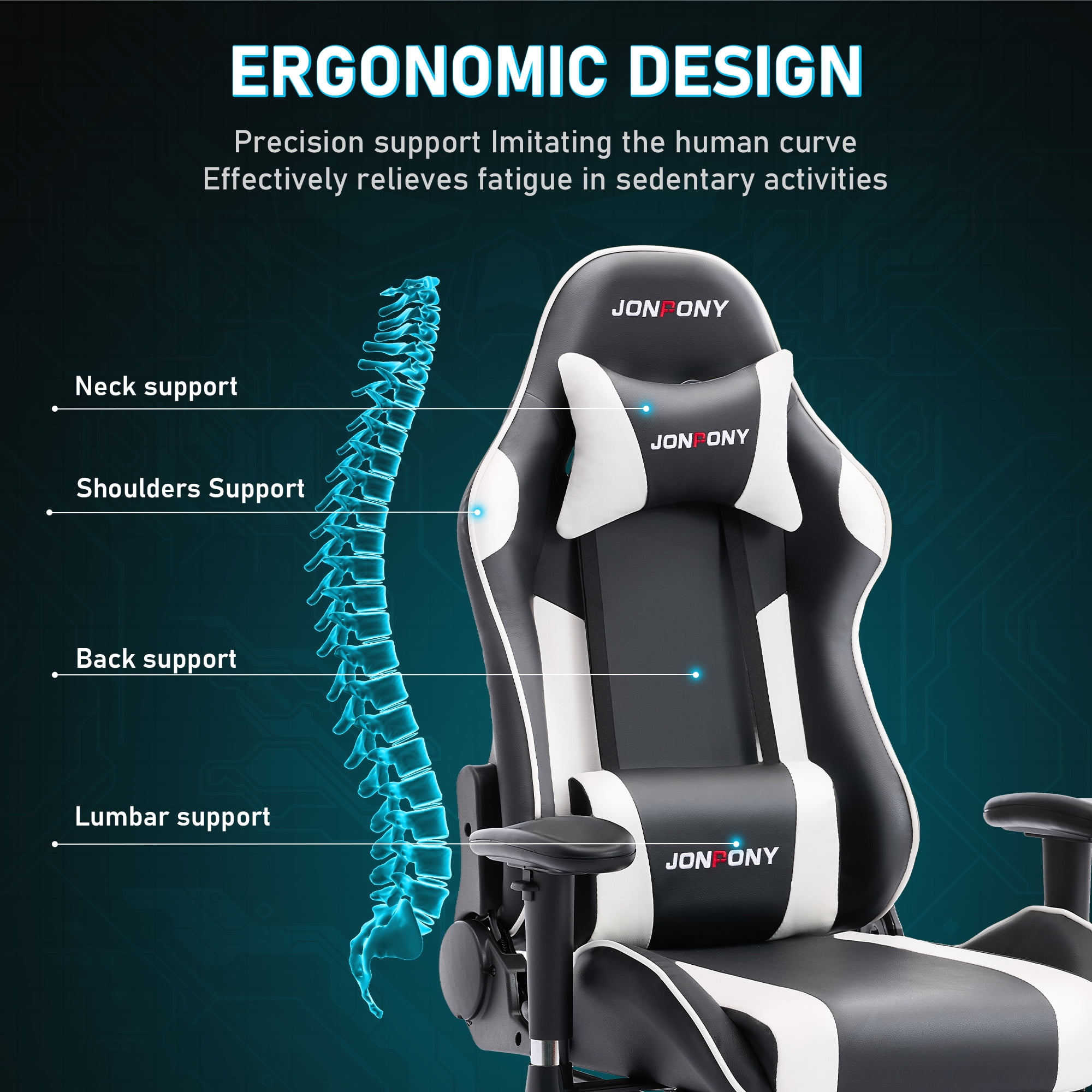 JONPONY Game Chair,Ergonomically Designed Computer Chair with headrest and 2D Armrests,with Footrest and Lumbar Support,High Back Office Chair Support 8 Hours Long Sitting,Computer Chair,WHITE