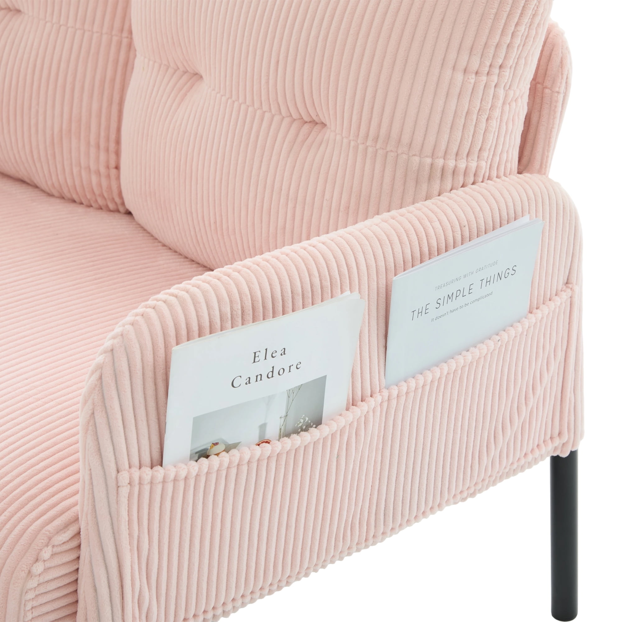 Loveseat, Small Sofa, Couch, Oversized Corduroy 2-Seater Sofa with Side Storage Pockets and Sturdy Metal Legs for Apartment, Dorm or Living Room, Pink