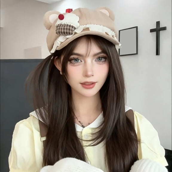 AirLoni Women's Cutecore Beret Hat Suede Cat Ears Cap Sweet Y2K Newsboy Cap With Rice Ball Cake & Strawberry Decor Fashion 2000s Headwear Outfit Accessories
