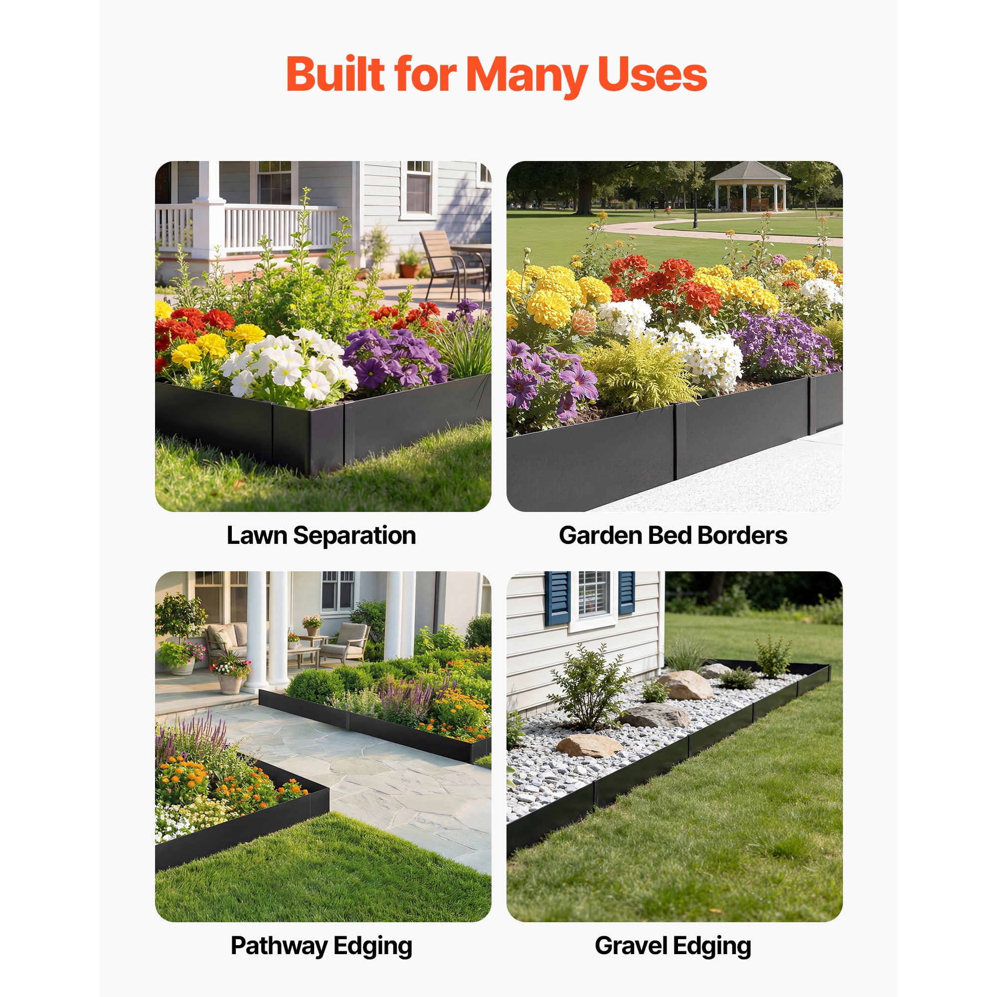 KFFKFF Galvanized Steel Landscape Edging, Set of 6, 40 x 10 Inch Metal Borders for Gardens and Pathways, Includes 8 Mounting Clips, Durable Metal Edging for Flower Beds and Yard Design, Black