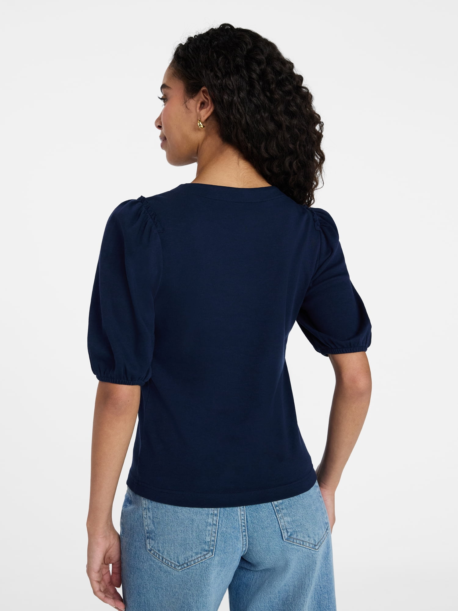 Time and Tru Women's Cotton Crewneck Tee with Puff Sleeves, Sizes XS-XXXL