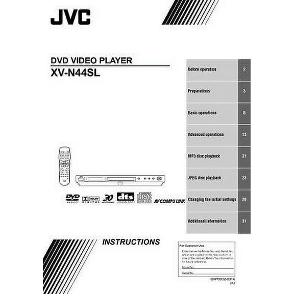 Instruction Manual ONLY for JVC XV-N44SL DVD Player Owners Instruction Manual REPRINT
