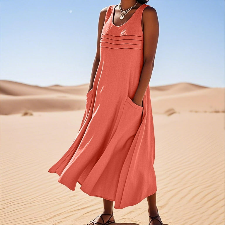knee length dresses for ladies Linen Dress with Pockets