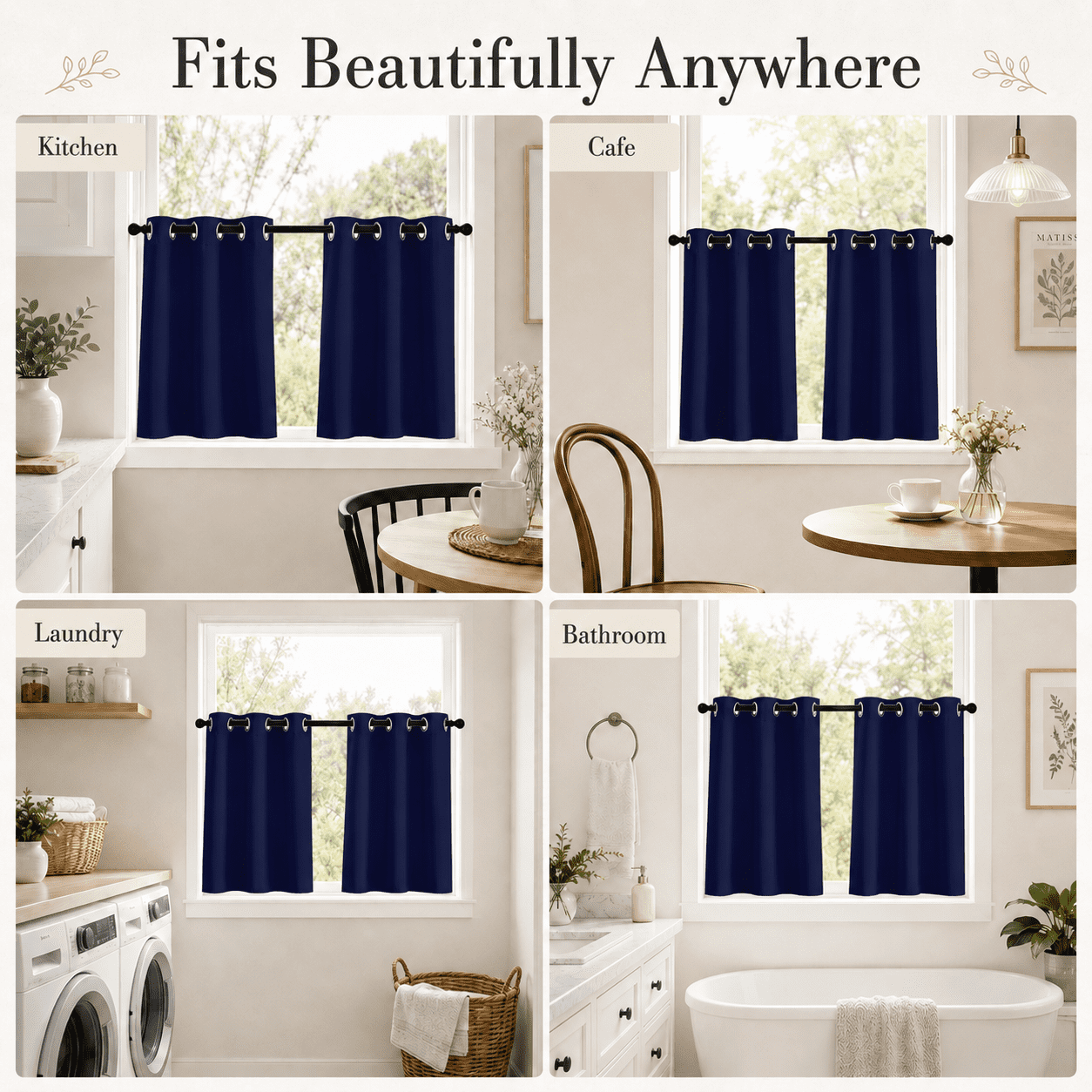 Lapalife 2 Panel Blackout Kitchen Curtains, Grommet Short Window Curtains for Kitchen Bathroom Cafe, Navy Blue, 33"x 36"
