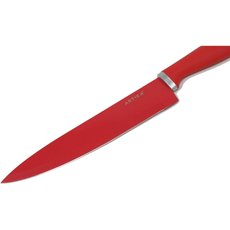 Artika 8” Chef’s Knife | Straight Edge Blade – Ergonomic Non Slip Handle –  Sharp 8 Inch Steel Knife – Red Color – 12.8” Long x 1.5 Wide
