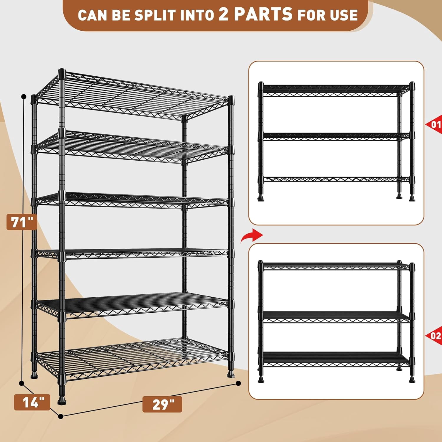QHTER 71" H Metal Shelves 6 Tier Storage Shelves 1200LBS Adjustable Shelving Units and Wire Shelving Unit Storage Rack Shelf Metal Shelving, 71" H x 29" W x 14" D