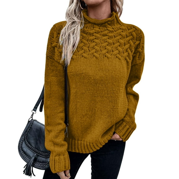 Women's High Neck Knit Sweater Winter Warm Long Sleeve Pullover Solid Color Casual Top