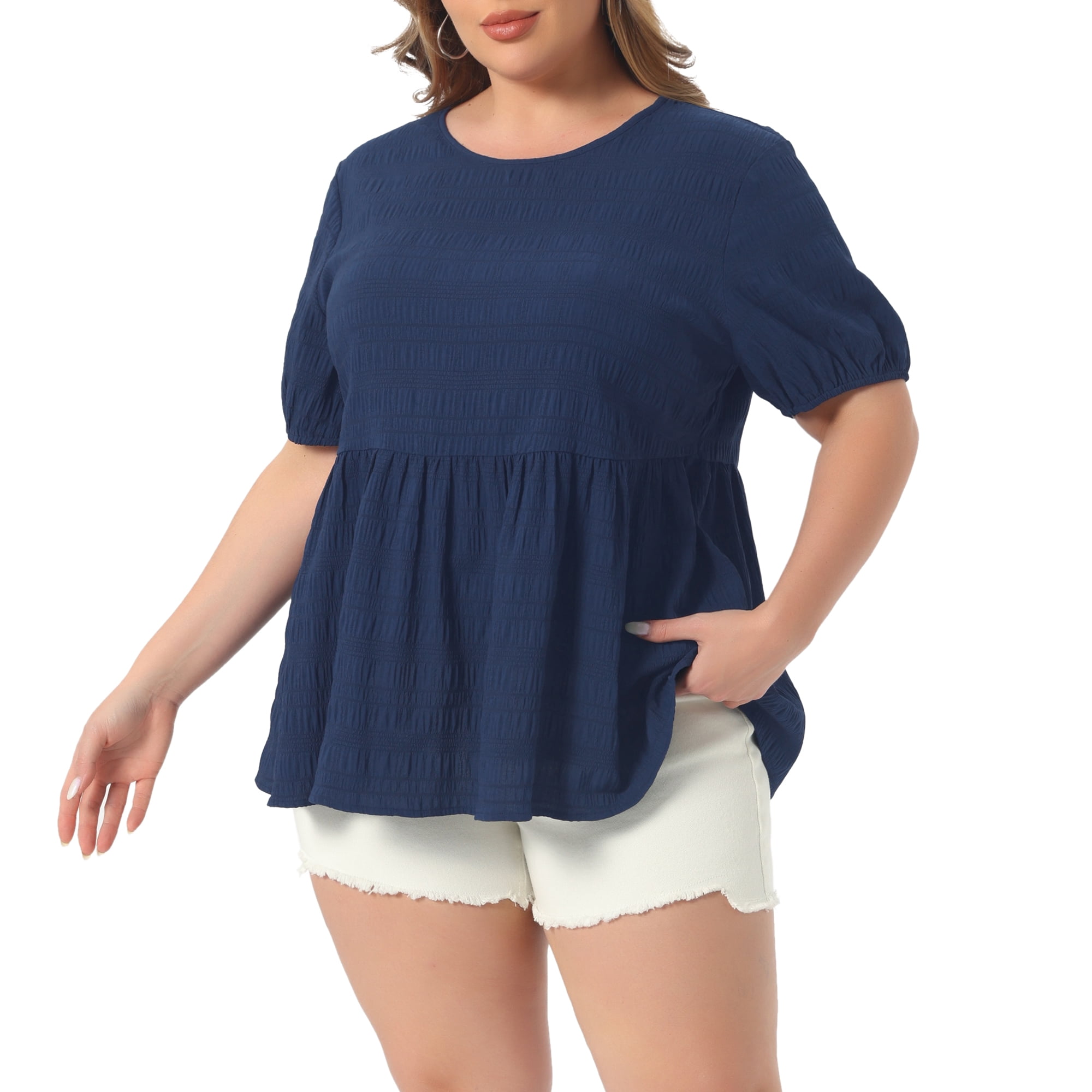 DARING DIVA Women's Plus Babydoll Tops Crewneck  Loose Fit Flowy Blouse 2X Navy Blue