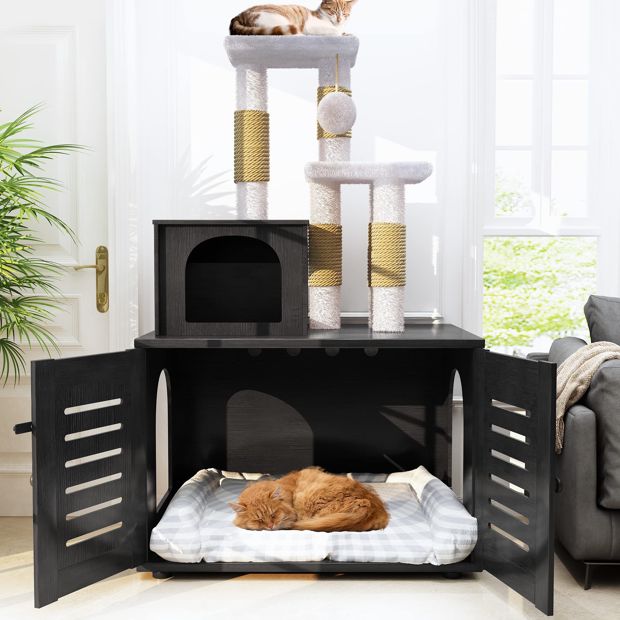 Baxluxe Cat Litter Box Enclosure with Cat Tree, Hidden Cat Washroom Furniture with Divider, Wooden Cat House with Platform, Scratching Post and Soft Plush Perch, Indoor Pet Cabinet, Black