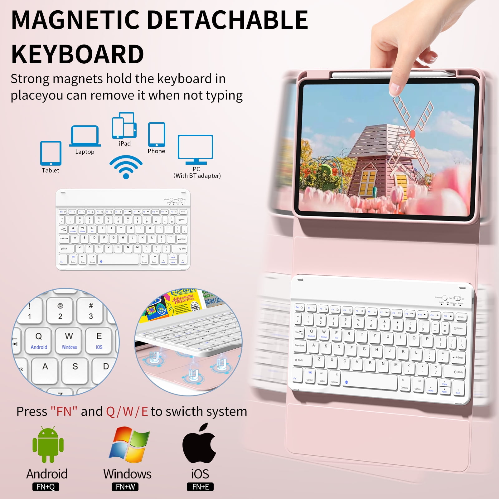 Kenke Case for iPad (A16) 11th Generation 11 inch 2025 with Keyboard,iPad 10th Generation 10.9 inch 2022 Detachable Bluetooth Keyboard Rechargeable,with Pencil Holder,Soft TPU Back Cover,Pink