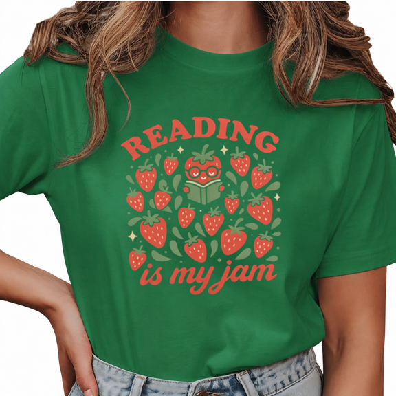 Giffimy Women's Green Reading Is My Jam Leaf Star Cartoon Strawberry Graphic Short Sleeve T-Shirt Comfort Crewneck Top