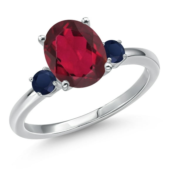 Gem Stone King 14K White Gold Ruby Red Mystic Quartz and Blue Sapphire Engagement Ring for Women | 3.00 Cttw | Oval 10X8MM | Gemstone Birthstone | Size 5