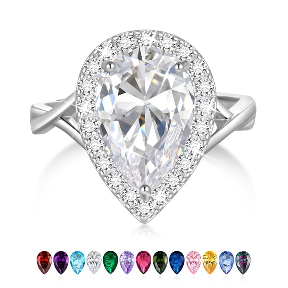 Juwaliy Women Engagement Ring Silver Plated Halo Pear Teardrop April Birthstone Simulated Diamond Valentines Wedding Bridal Jewelry Gift for Girlfriend/Wife