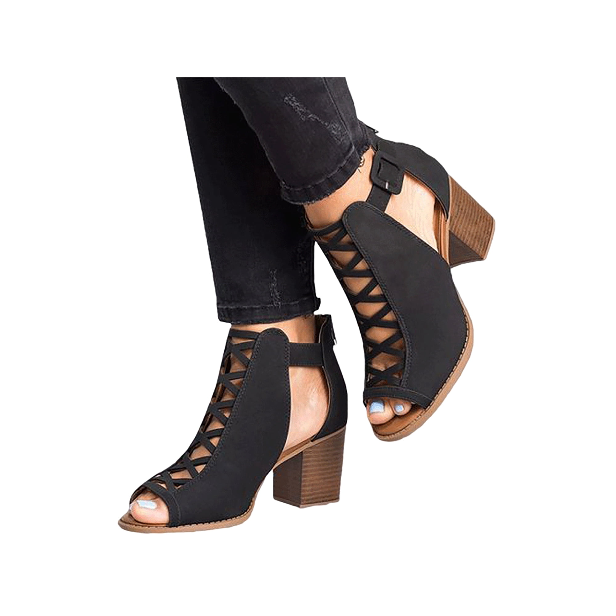 Daeful Women Sandals Ankle Strap Sandal Beach Shoes Work Casual Fashion Summer Black 11