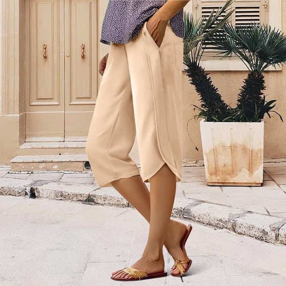 Women's Cropped Yoga Pants with Pockets - Wide Leg Hiking Athletic Pants Elastic Waist Lightweight Lounge Casual Trousers Beige L