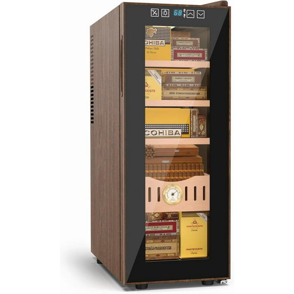 35L Dual-Zone Thermostatic Cabinet & Beverage Cooler - Cooling & Heating Electric Fridge with Wood Grain Finish, Built-in Hygrometer - Ideal Gift for Men, Wine, Cigar, and Skincare Storage