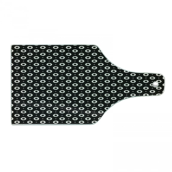 Black and White Cutting Board, Hand Paint Style Small and Big Geometric Circular Donut Shape Pattern, Tempered Glass Cutting and Serving Board, Wine Bottle Shape, Black and White, by Ambesonne