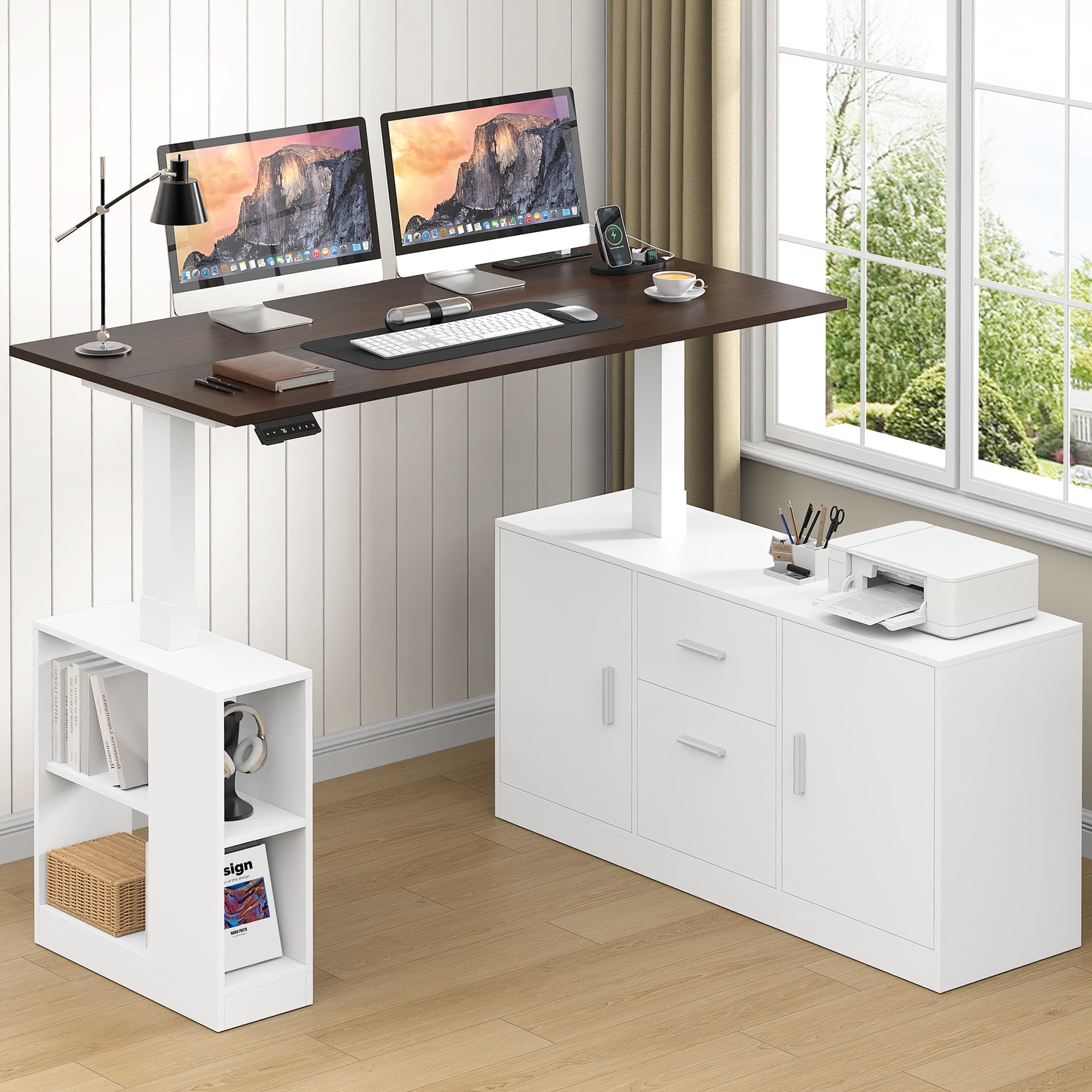 Winkalon Farmhouse L Shaped Electric Standing Desk, 55" x 47" Height Adjustable Home Office Executive Desk with Drawers and Shelves, Standing Computer Desks with Power Outlet for Home Office, White