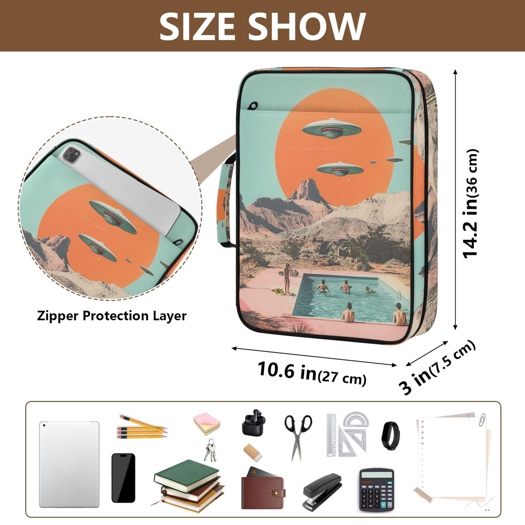 FORMRS Accordion File Folder A4 Size 7-Pocket Expanding Document Organizer Bag with 3 Ring Binder, Retro UFO