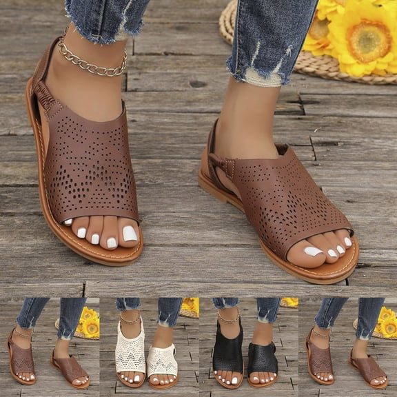 HVOBTTY Women's Summer Fashion Casual Solid Color Flat Heel Lightweight Strap Buckle Hollow Out Sandals Comfortable Shoes Beige, 40