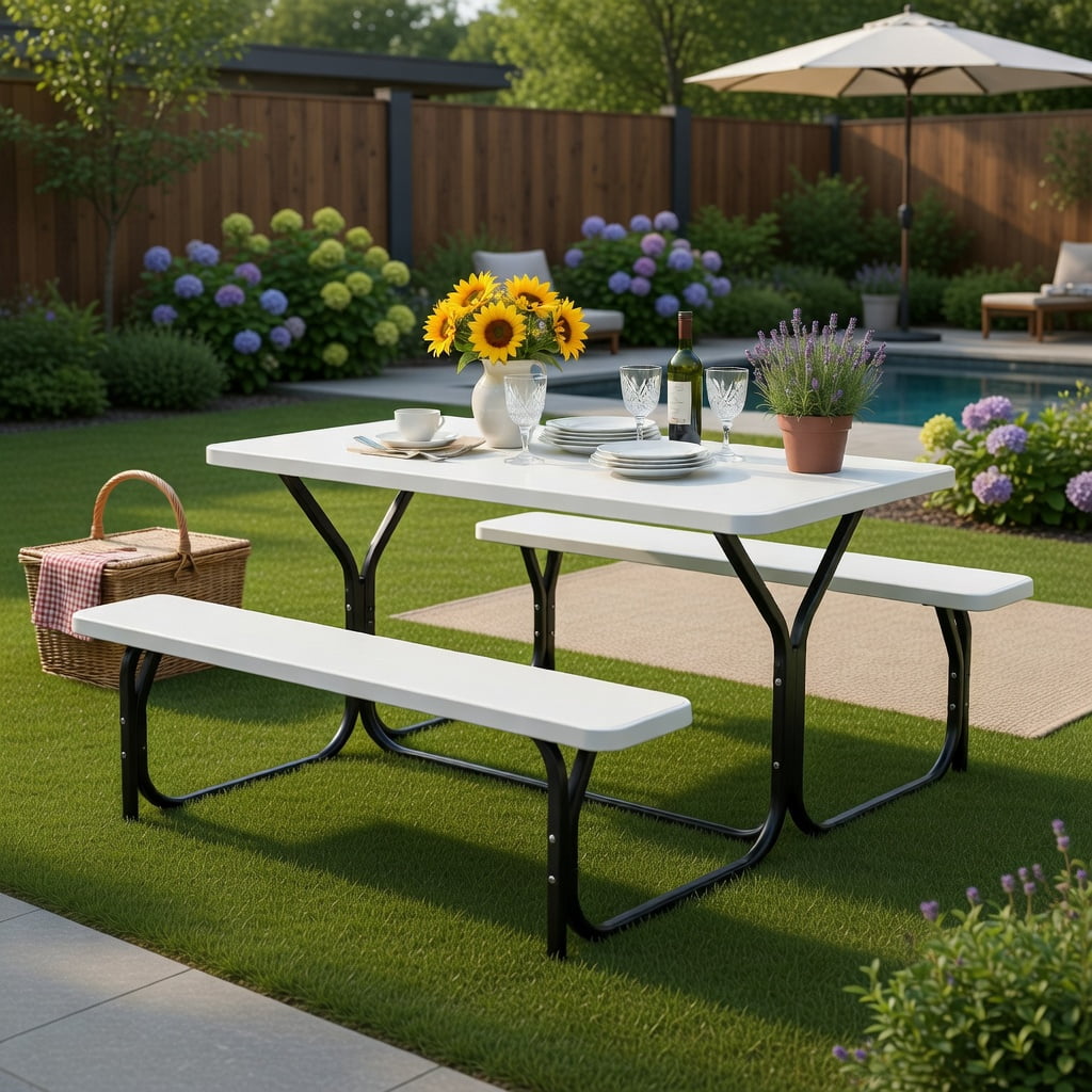 Hommoo Outdoor Picnic Table and Bench Set, HDPE Weather-Resistant Folding Patio Table with 2 Benches, White