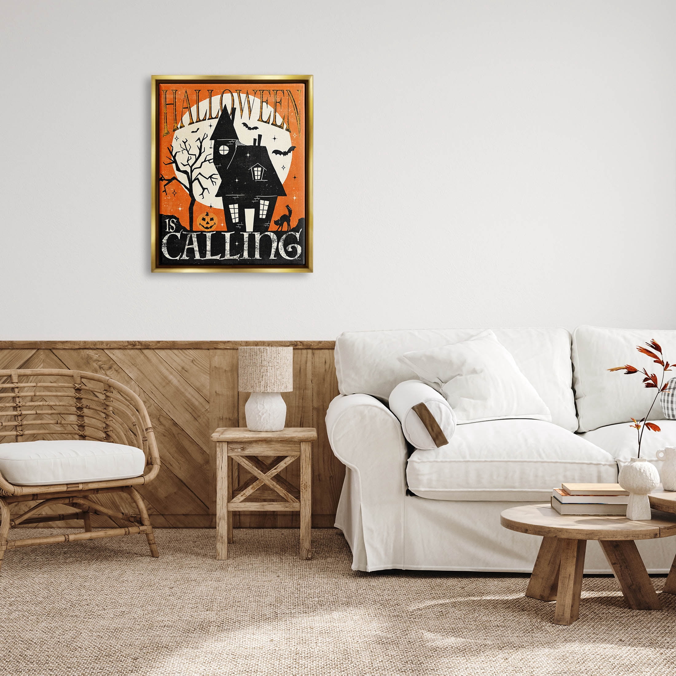 Stupell Industries Halloween Is Calling Haunted House Graphic Art Metallic Gold Floating Framed Canvas Print Wall Art, Design by Veronique Charron