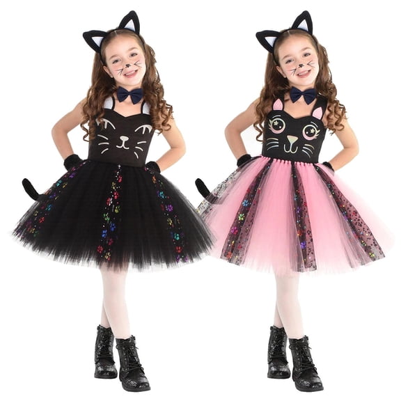 Toddler Girls Halloween Tulle Dress Sleeveless Cartoon Cat Pattern Girls Dress With Accessories For Halloween Party Daily Dress Up 2 To 12Y