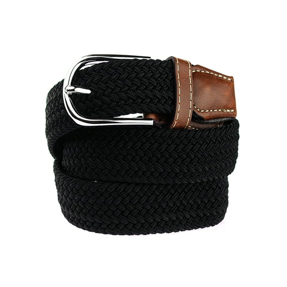 NYFASHION101 Rounded Metal Buckle Brown Inlay Elastic Braided Woven Stretch Belt, Black - L