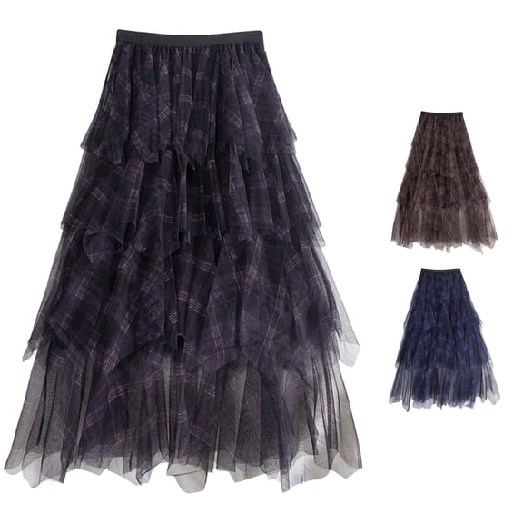 Wxolcjlv Women's Plaid Tiered Tulle Maxi Skirt Elastic Waist Asymmetrical Hem Skirt