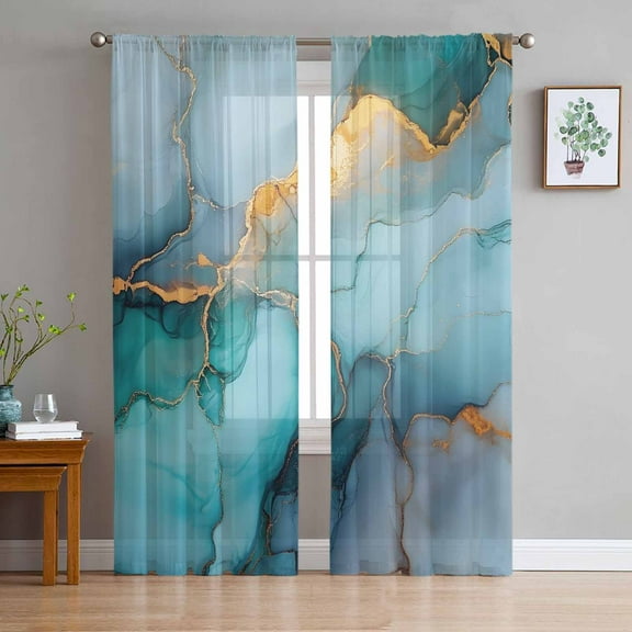 Teal Golden Marble Sheer Curtains 63 Inches Length 2 Panels Set, Window Sheer Curtains for Living Room/Bedroom, Aesthetics Modern Abstract Art Light Filtering Rod Pocket Curtain 52'' x 63'' x 2
