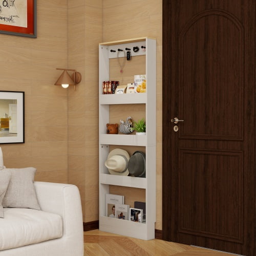 69" Tall Bookcase behind the Door with 4 Shelves and 5 Hooks, Space-Saving Narrow Storage Cabinet for Living Room, Bedroom, Hallway, Antique White
