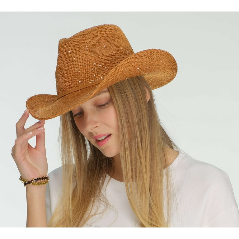 Sparkly Sequin Cowboy Hat with Suede String Trim - One Size Fits Most C.C Sparkly Sequin Cowboy Hat with Suede String Trim, Beige  main image 2