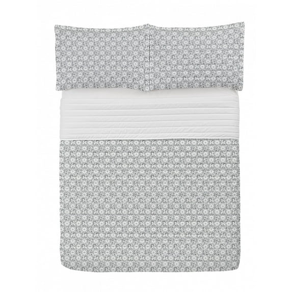Grey Microfiber Bedspread Set, Floral Ornaments Blooming Flowers in Squares Royal Abstract Themed Pattern Art Image, Soft Bedding Set with Pillow Shams & Comforter, 3 Sizes, White Grey, by Ambesonne