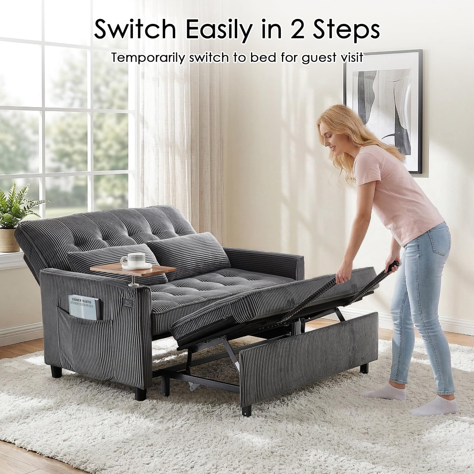 54" Sleeper Sofa Bed, Convertible Pull Out Couch Futon with Side Table, USB Charging Port, Corduroy Fabric, Adjustable Backrest Sofa Bed for Apartment Office, Dark Gray