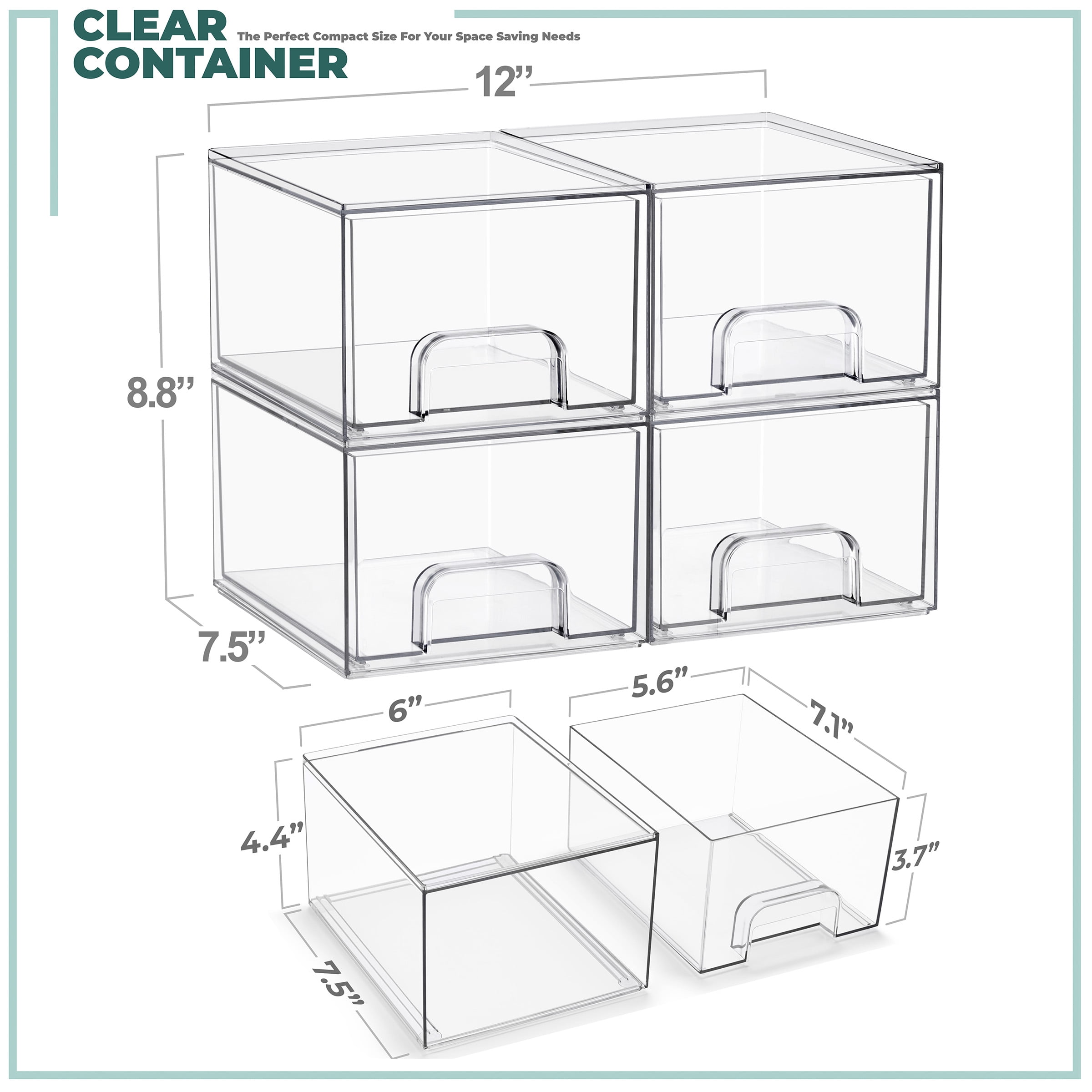 Sorbus Small Stackable Acrylic Storage Drawers 4-Pack Clear Organizer Bins for Baby Accessories