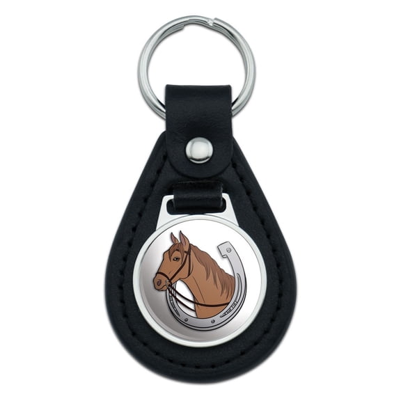 Brown Horse in Horseshoe Black Leather Keychain