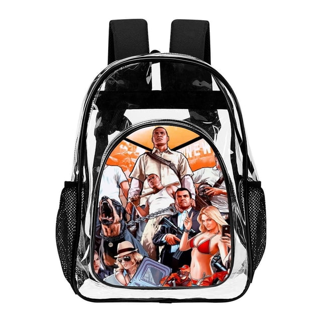 Grand Theft Auto Poster Transparent Backpack Schoolbag Shoulders Satchel Daily Student Bookbag Large Capacity Clear Through Daypack
