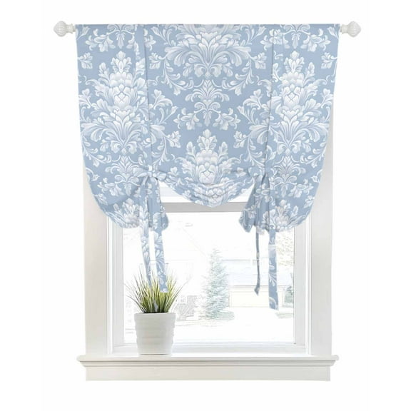 Blue Boho Floral Tie Up Curtains for Window, Thermal Insulated Balloon Shade Adjustable Rod Pocket Curtains Valance Panels for Kitchen Bathroom Cafe 52 x 45 Vintage Ethnic Tribe Abstract