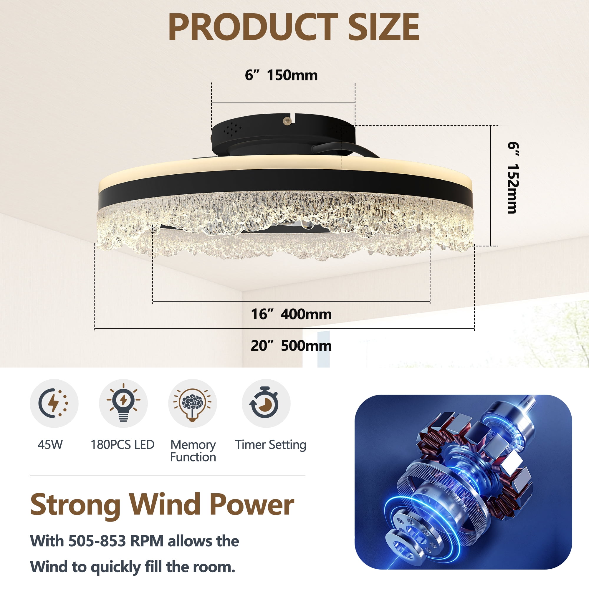 Miniyam Smart LED Fan Light – Wall Mount Ceiling Fan with Adjustable Color Temperature, Remote & App Control, 6-Speed DC Motor