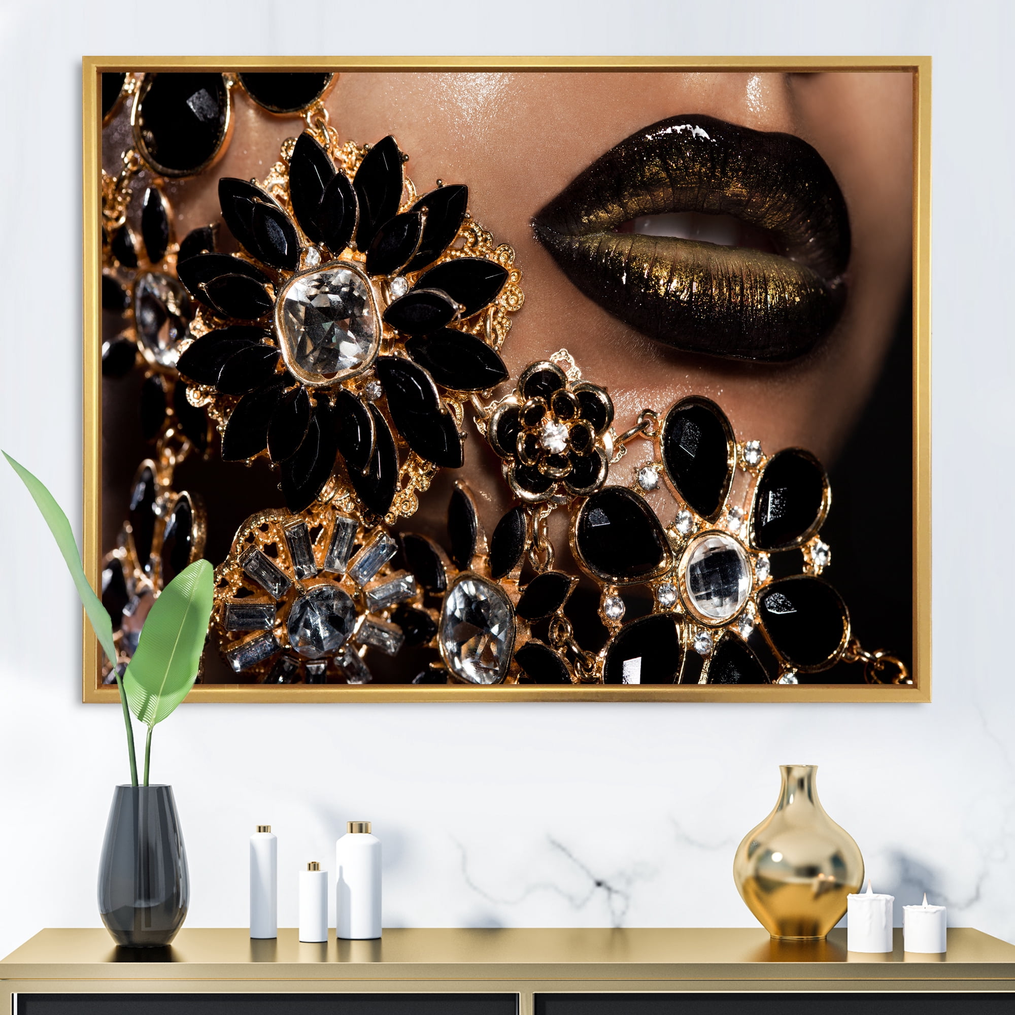 Designart 'Woman Lips With Golden Jewelry' Modern Framed Canvas Wall Art Print