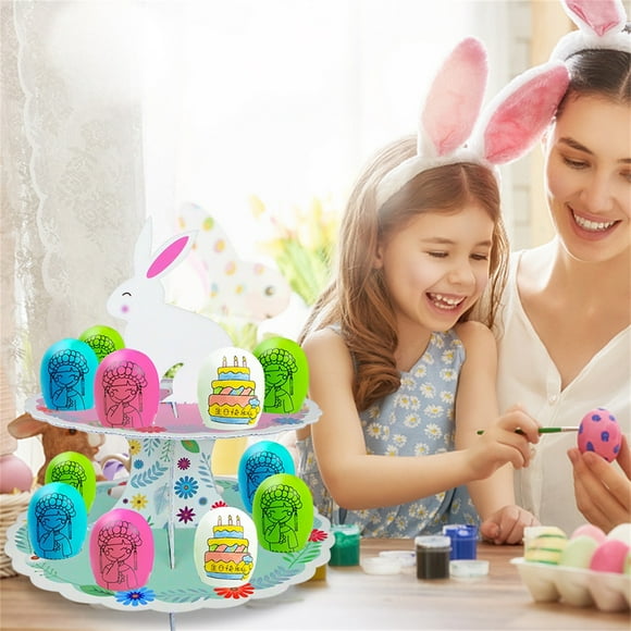 Dvkptbk Easter Stand Easter Cupcake Stand 2 Tier Happy Easter Bunny Flower Dessert Tray Family Holiday Party Cupcake Stand Home & Garden