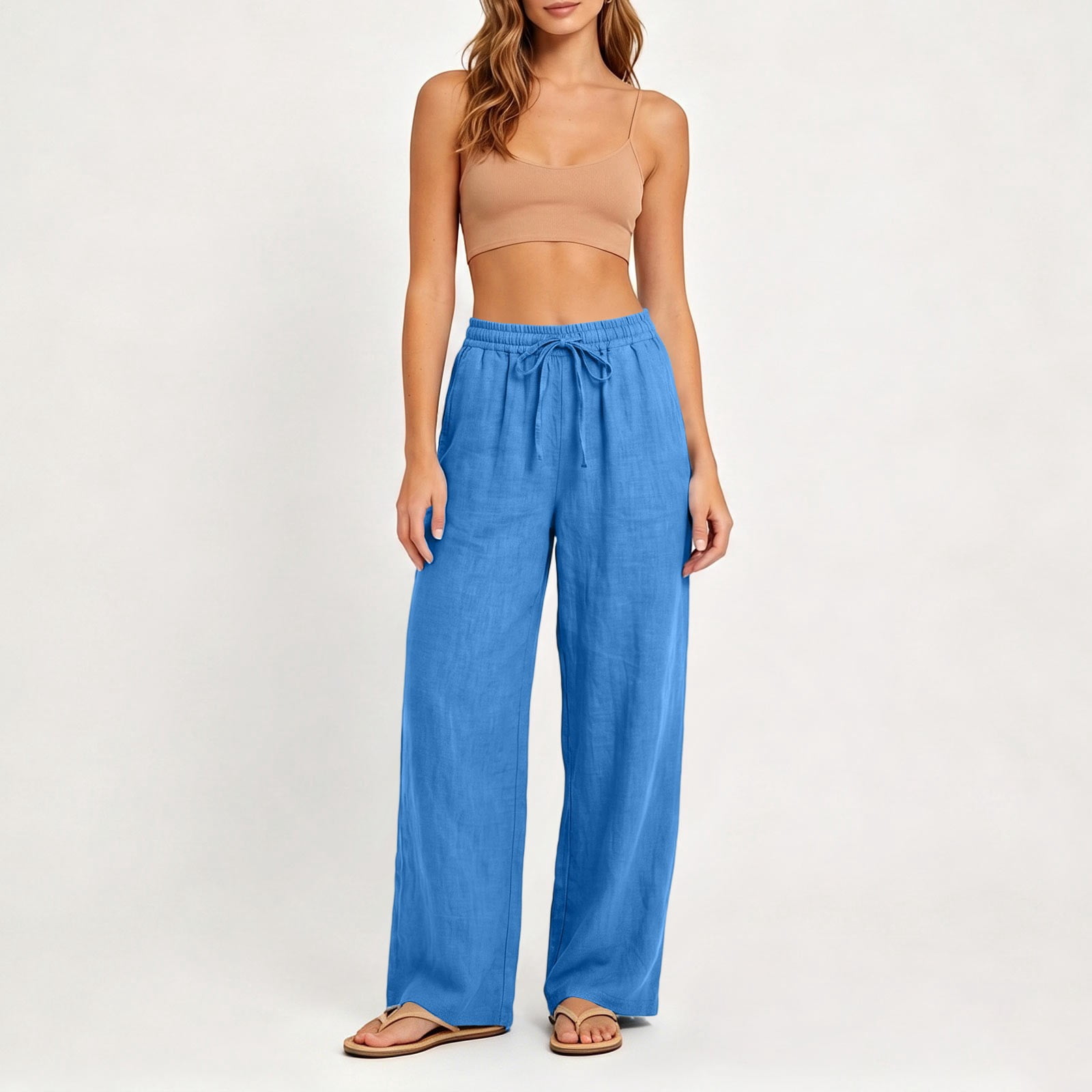 Womens Summer Pants Full Length Pants Fashion Ladies Summer Casual Loose Cotton and Linen High Waisted Trousers Solid Color Drawstring Elastic Waist Loose Long Pants with Pocket