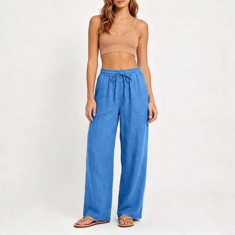 Viadha Women Plus Size Elastic Drawstring Cotton Linen Wide Leg