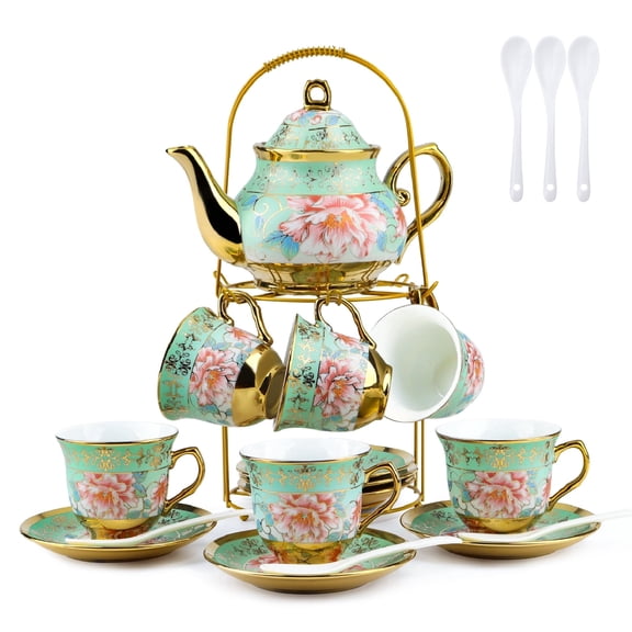 Wanchiy 20-Piece Tea Set – Porcelain with Gold Floral Design, Includes Teapot, Cups, Saucers & Metal Holder