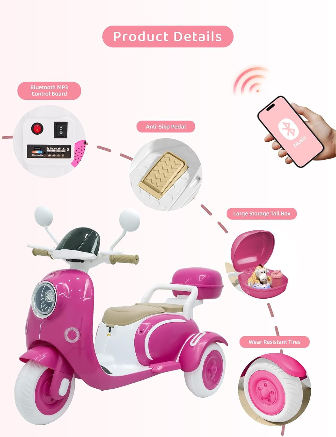 TCARAIWEN Girls Electric Motorcycle, 2 Seats Kids Motorcycle,12V Ride On Scooter for Kids with Storage Compartments, Cute Design with Stable 3-Wheel Structure, Ideal Moped for Girls Ages 3-6 (Rose)