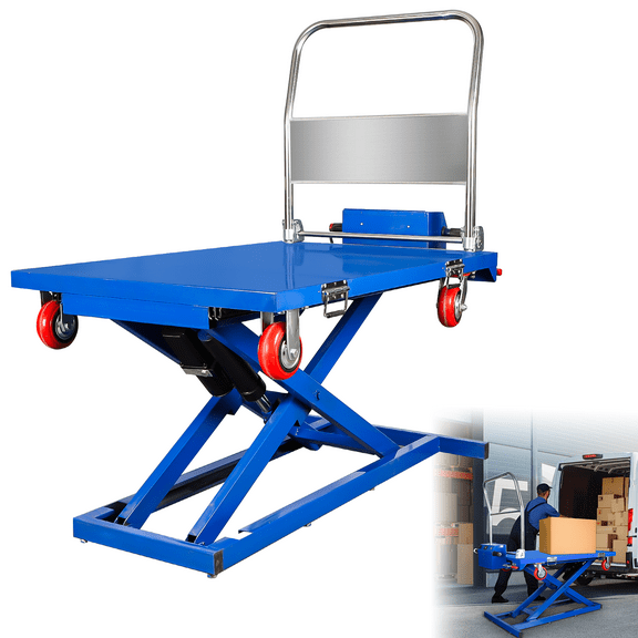 RXFSP 600lbs Electric Lift Table Cart, 48V Hydraulic Scissor Lift Truck with 43" Height, One-Touch Control & Locking Casters for Warehouse/Truck Loading