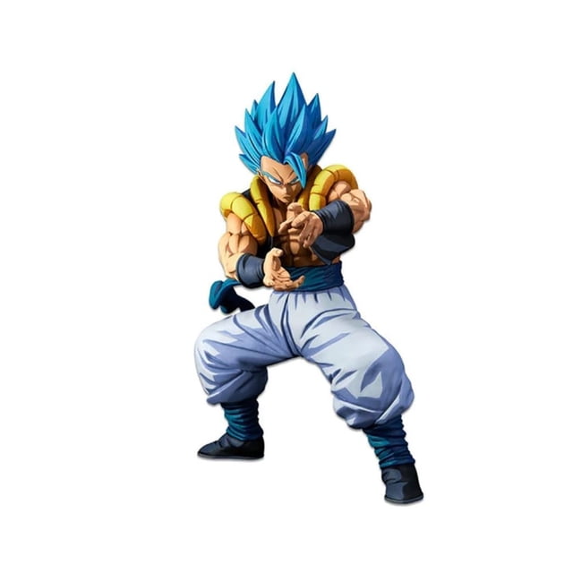 figura banpresto dragon ball super gogeta super saiyajin blue estilo two dimensions, figura no articulada de Gogeta en pose de combate con cabello azul eléctrico, chaleco amarillo y negro, torso musculoso, pantalones blancos con sombreado y botas negras sobre fondo blanco; adecuada para exhibición de coleccionistas.